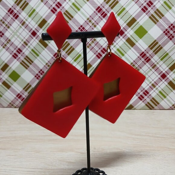 Large Red & Gold Tone Plastic Book Stud Earrings Vintage Jewelry #91 - Picture 6 of 11